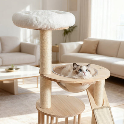 Contemporary Scandinavian Round Rubberwood Solid Wood Acrylic Velvet Fabric Sisal Cat Tree 3-Tier For Living Room