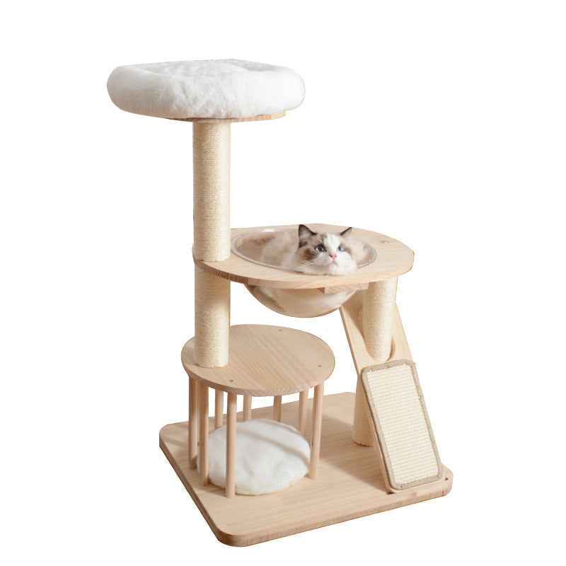 Contemporary Scandinavian Round Rubberwood Solid Wood Acrylic Velvet Fabric Sisal Cat Tree 3-Tier For Living Room