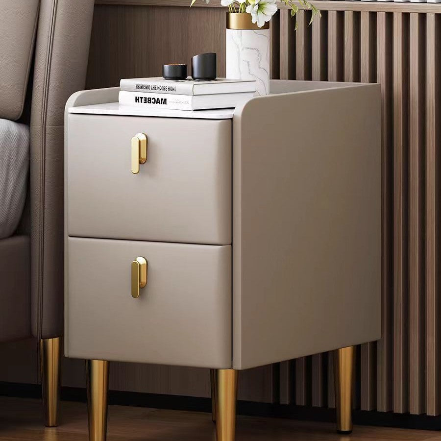 Modern Minimalist Stone Slab Glass Iron Faux Leather Rectangular Nightstand 2-Drawer For Bedroom