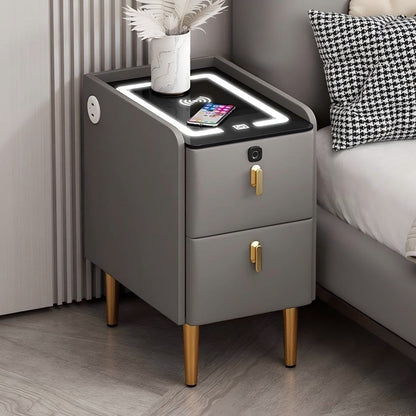 Modern Minimalist Stone Slab Glass Iron Faux Leather Rectangular Nightstand 2-Drawer For Bedroom