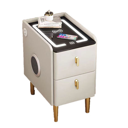 Modern Minimalist Stone Slab Glass Iron Faux Leather Rectangular Nightstand 2-Drawer For Bedroom