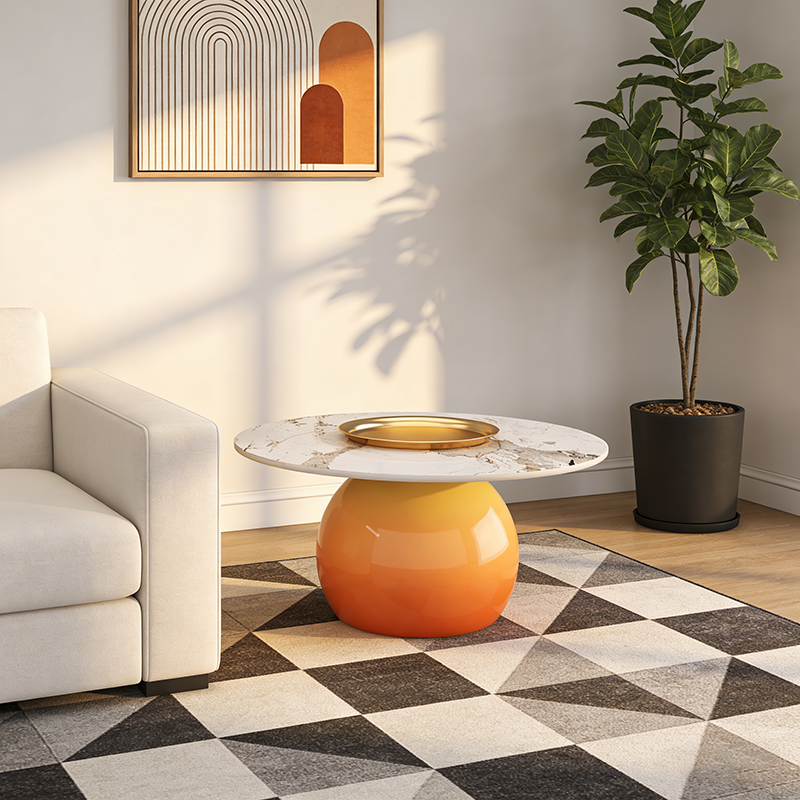 Contemporary Nordic Stone Slab Iron Cylindrical Coffee Table 1-Tier For Living Room