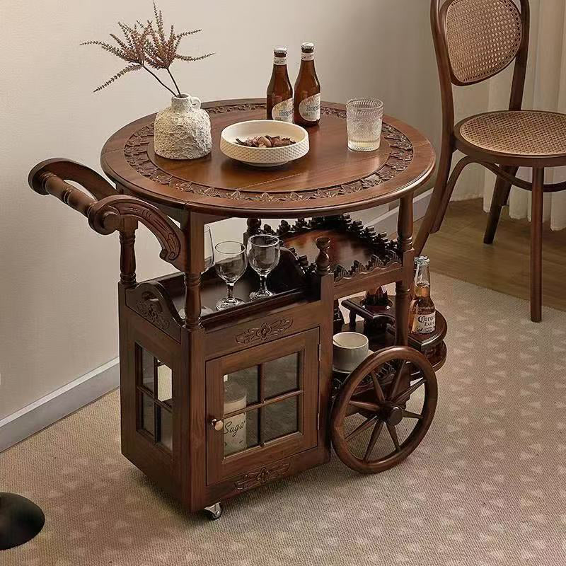 Modern Mid-Century Solid Wood Acrylic Rattan Round Rolling Cart Coffee Table 2-Tier For Living Room