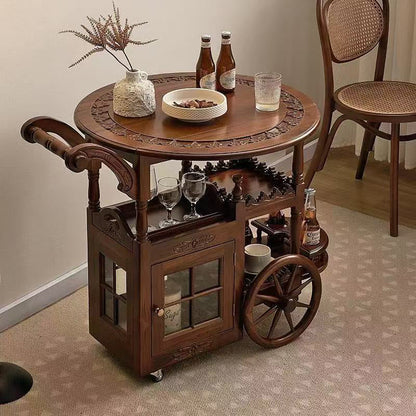 Modern Mid-Century Solid Wood Acrylic Rattan Round Rolling Cart Coffee Table 2-Tier For Living Room