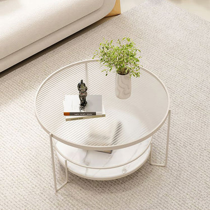 Modern Minimalist Glass Stone Slab Iron Cylindrical Coffee Table 2-Tier For Living Room