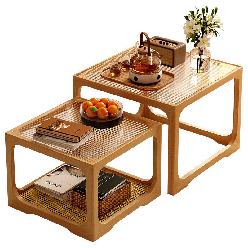Traditional Japanese Rectangular Solid Wood Tempered Glass Rattan Coffee Table 1/2-Tier For Living Room