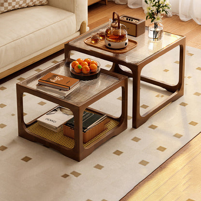Traditional Japanese Rectangular Solid Wood Tempered Glass Rattan Coffee Table 1/2-Tier For Living Room