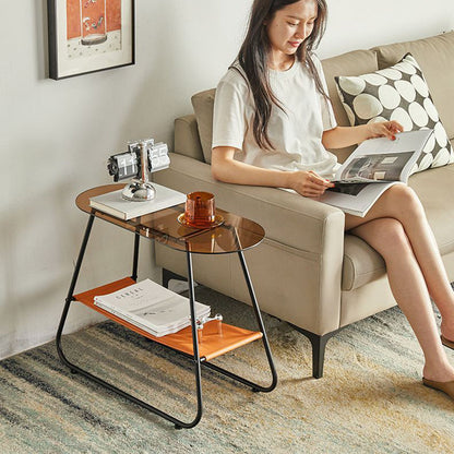Modern Minimalist Trapezoidal Tempered Glass Artificial Leather Steel Side Table 2-Tier For Living Room