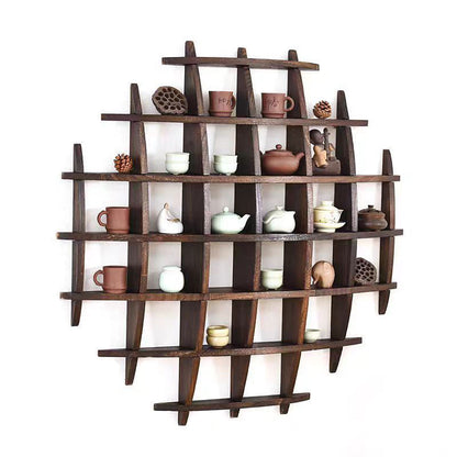 Traditional Chinese Curved Round Solid Wood Storage Shelf 7-Tier For Living Room