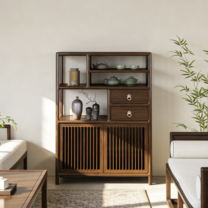 Traditional Chinese Rectangular Solid Wood Storage Cabinet 2-Drawer For Living Room