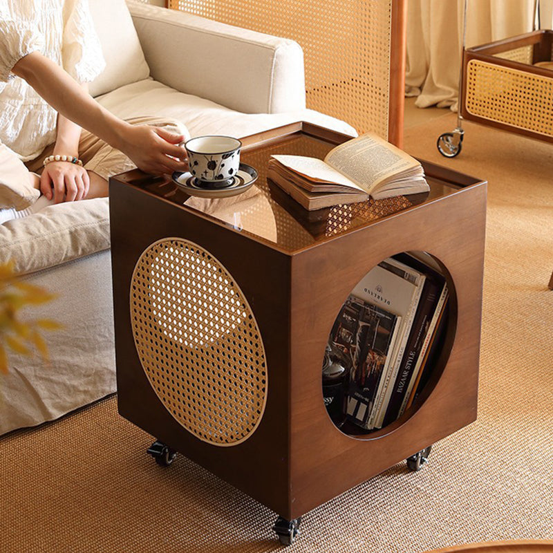 Traditional Japanese Rectangular Solid Wood Glass Rattan Side Table 1-Tier For Living Room