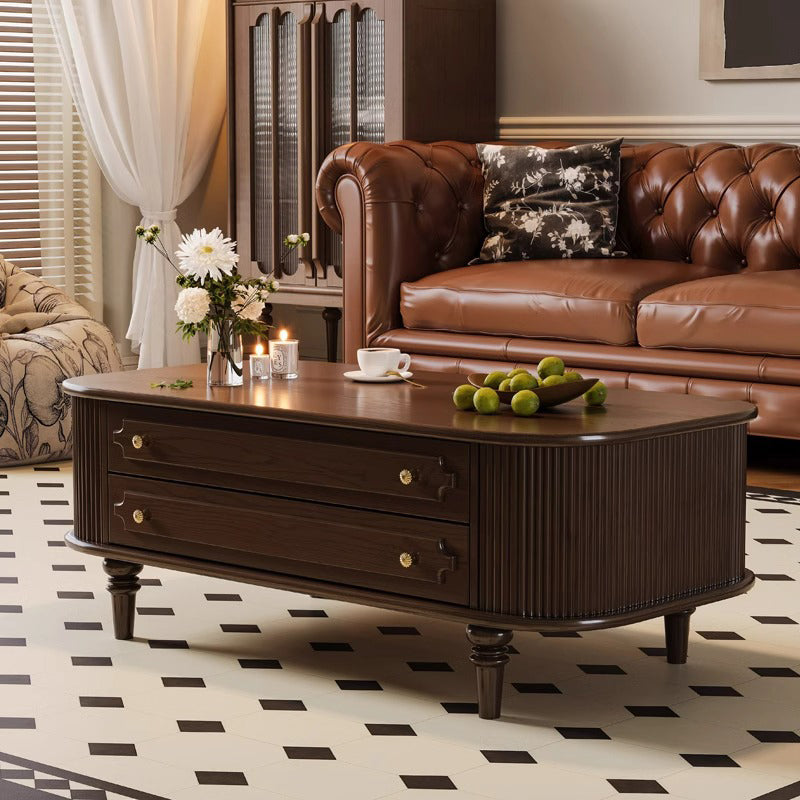 Traditional French Rectangular Ash Wood Solid Wood Multi-Layer Plywood Coffee Table 2-Drawer For Living Room
