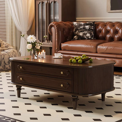 Traditional French Rectangular Ash Wood Solid Wood Multi-Layer Plywood Coffee Table 2-Drawer For Living Room