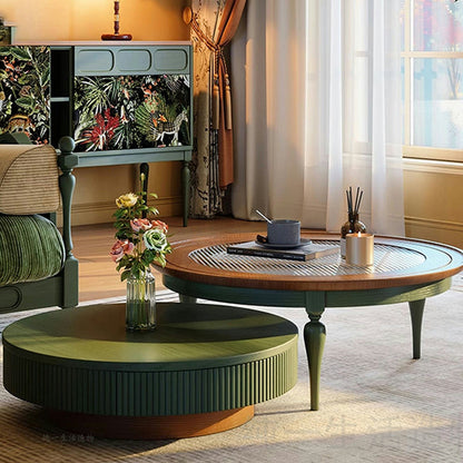 Traditional French Round Cylindrical Pine Wood Glass Coffee Table 1-Drawer For Living Room