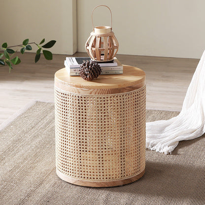 Traditional Japanese Cylindrical Solid Wood Rattan Side Table 1-Storage For Living Room