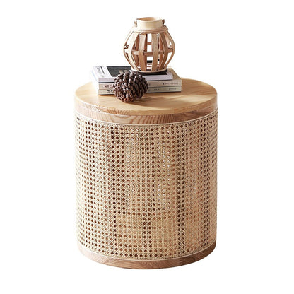 Traditional Japanese Cylindrical Solid Wood Rattan Side Table 1-Storage For Living Room