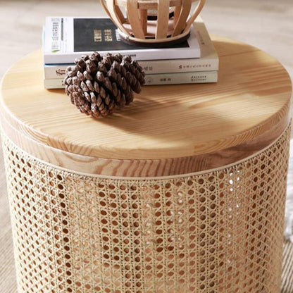 Traditional Japanese Cylindrical Solid Wood Rattan Side Table 1-Storage For Living Room