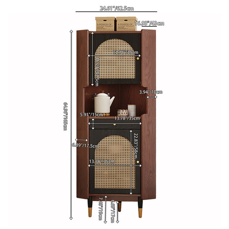 Traditional Japanese Rectangular Medium Density Fiberboard Rattan Solid Wood Corner Shelf Unit 2-Cabinet For Living Room
