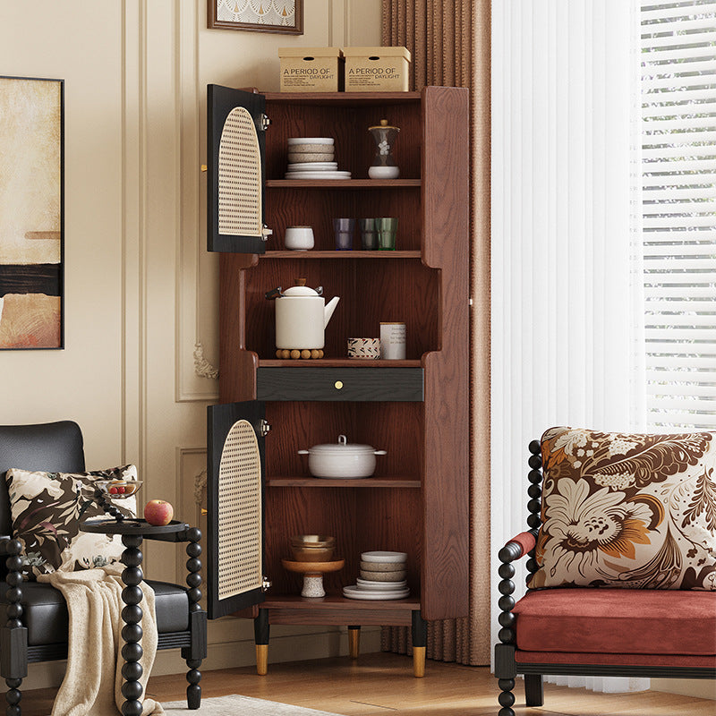 Traditional Japanese Rectangular Medium Density Fiberboard Rattan Solid Wood Corner Shelf Unit 2-Cabinet For Living Room