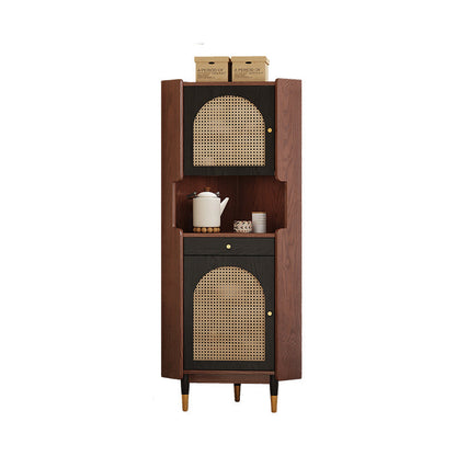 Traditional Japanese Rectangular Medium Density Fiberboard Rattan Solid Wood Corner Shelf Unit 2-Cabinet For Living Room