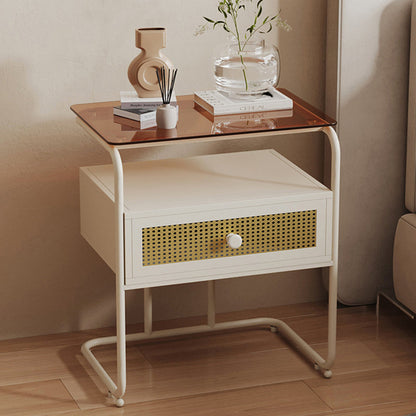 Modern Minimalist Rectangular Iron Tempered Glass Nightstand 1-Drawer For Bedroom