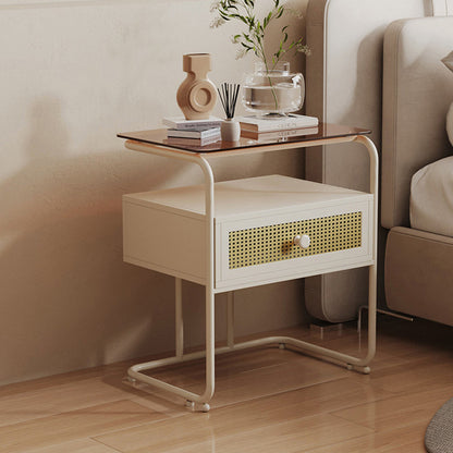 Modern Minimalist Rectangular Iron Tempered Glass Nightstand 1-Drawer For Bedroom