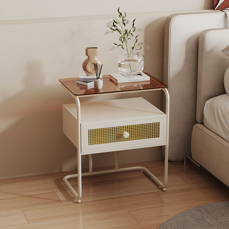 Modern Minimalist Rectangular Iron Tempered Glass Nightstand 1-Drawer For Bedroom