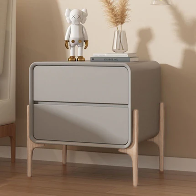 Modern Minimalist Rectangular Solid Wood & Plywood Faux Leather Nightstand 2-Drawer For Bedroom
