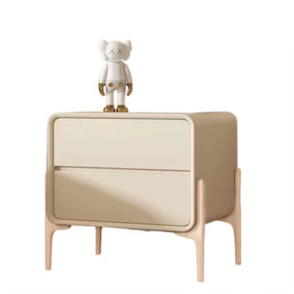 Modern Minimalist Rectangular Solid Wood & Plywood Faux Leather Nightstand 2-Drawer For Bedroom