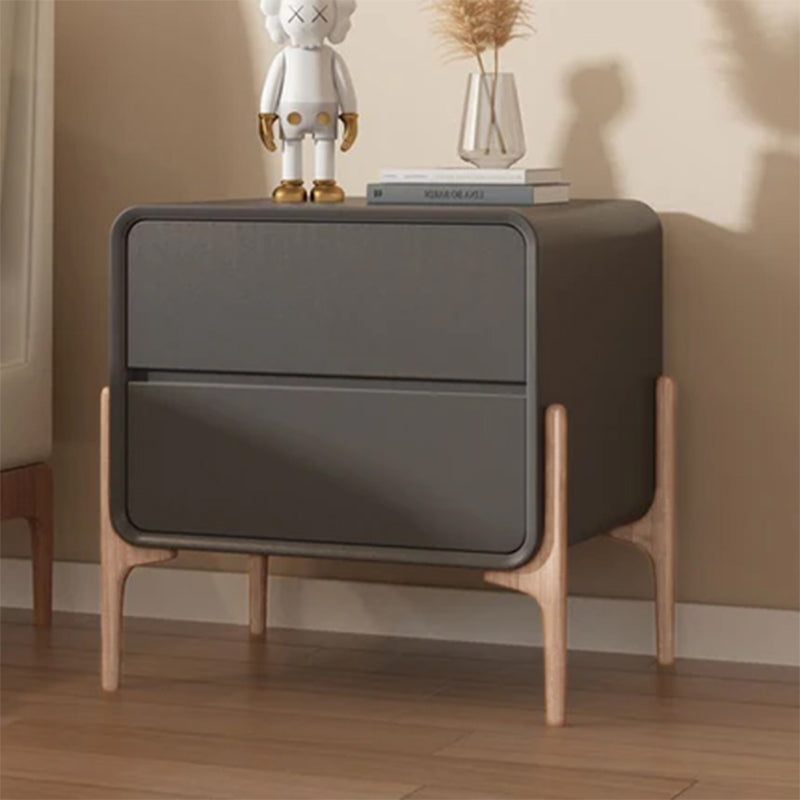 Modern Minimalist Rectangular Solid Wood & Plywood Faux Leather Nightstand 2-Drawer For Bedroom