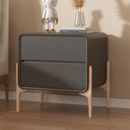 Modern Minimalist Rectangular Solid Wood & Plywood Faux Leather Nightstand 2-Drawer For Bedroom