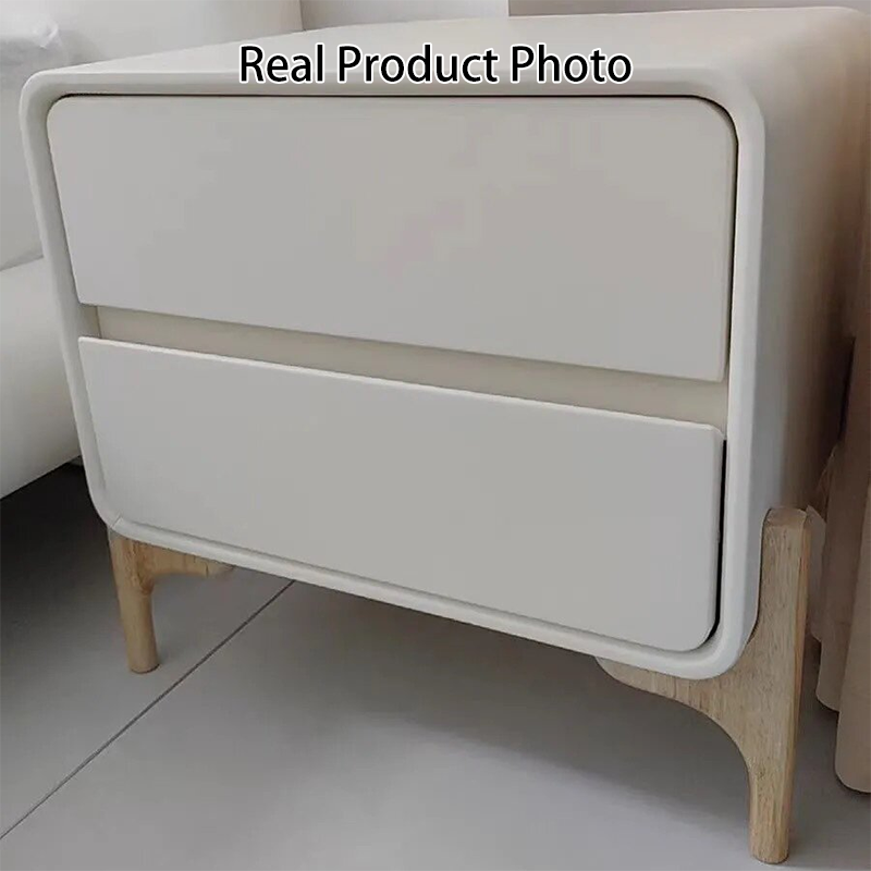 Modern Minimalist Rectangular Solid Wood & Plywood Faux Leather Nightstand 2-Drawer For Bedroom