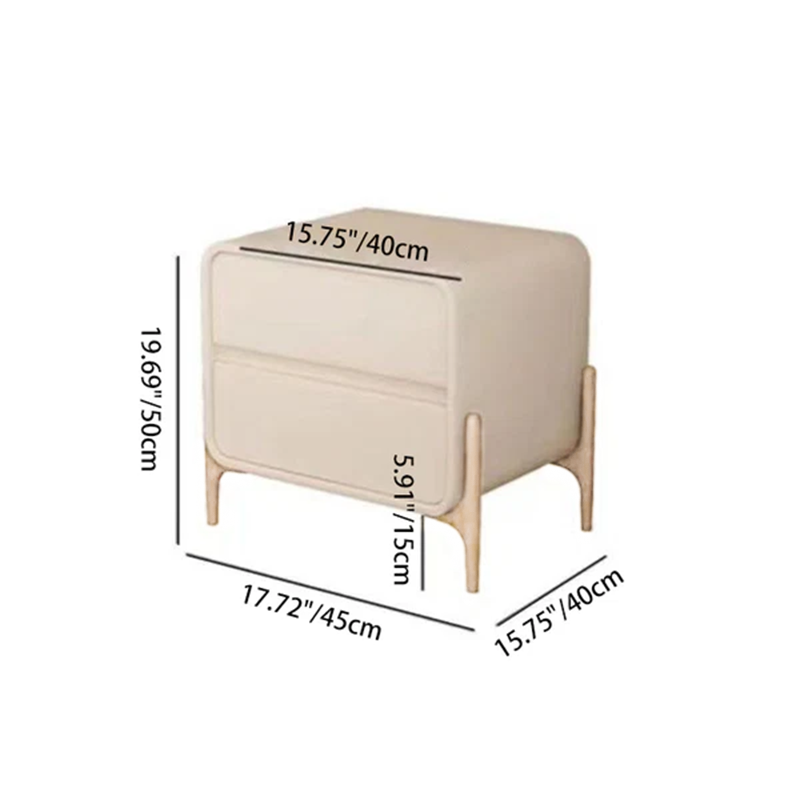 Modern Minimalist Rectangular Solid Wood & Plywood Faux Leather Nightstand 2-Drawer For Bedroom