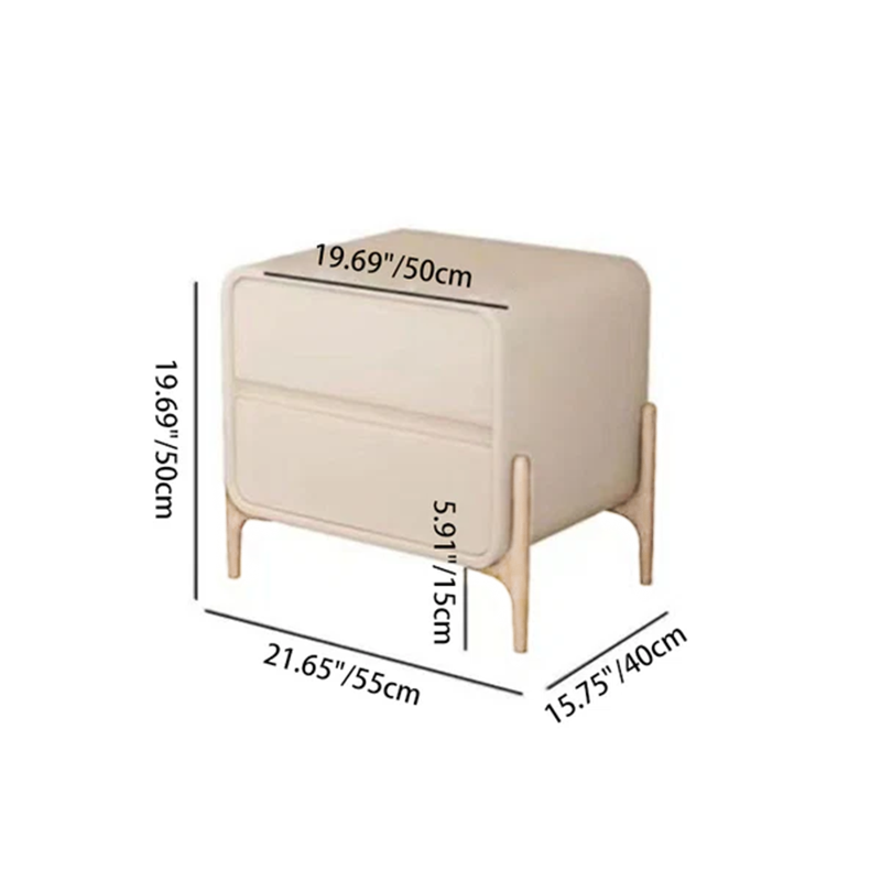 Modern Minimalist Rectangular Solid Wood & Plywood Faux Leather Nightstand 2-Drawer For Bedroom