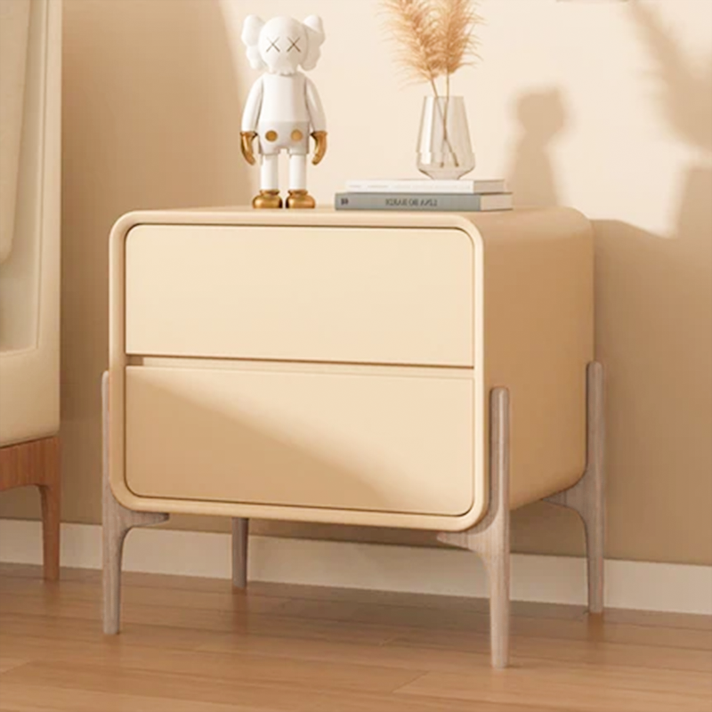 Modern Minimalist Rectangular Solid Wood & Plywood Faux Leather Nightstand 2-Drawer For Bedroom