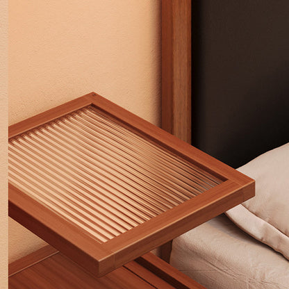 Traditional Japanese Rectangular Glass Faux Rattan Bamboo Nightstand 2-Tier For Bedroom