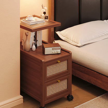 Traditional Japanese Rectangular Glass Faux Rattan Bamboo Nightstand 2-Tier For Bedroom