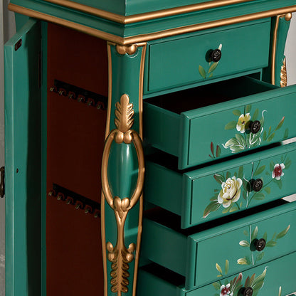 Traditional Vintage Rectangular Solid Wood Medium Density Fiberboard Zinc Alloy Jewelry Storage Cabinet 7-Drawer For Living Room