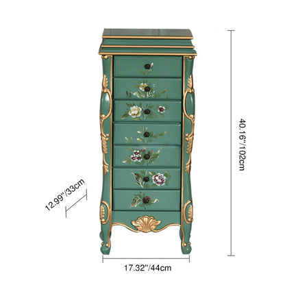 Traditional Vintage Rectangular Solid Wood Medium Density Fiberboard Zinc Alloy Jewelry Storage Cabinet 7-Drawer For Living Room