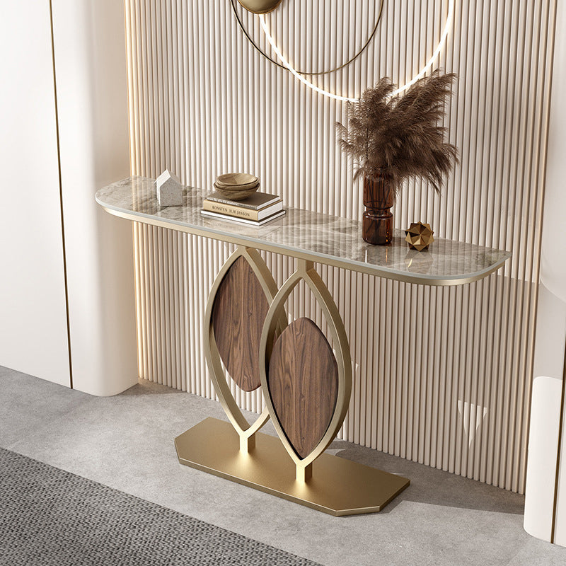 Contemporary Luxury Leaf-Shaped Stone Slab Iron Eco-friendly Board Console Table 1-Tier For Entryways