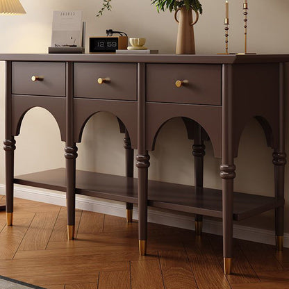 Contemporary Nordic Rectangular Rubberwood Brass Solid Wood Multi-Layer Plate Console Table 3-Drawer For Entryways