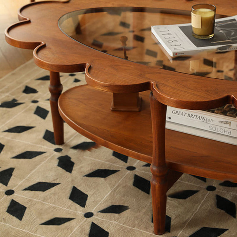 Traditional Vintage Floral-Shaped Solid Wood Glass Coffee Table 2-Tier For Living Room