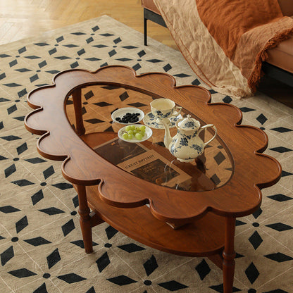 Traditional Vintage Floral-Shaped Solid Wood Glass Coffee Table 2-Tier For Living Room