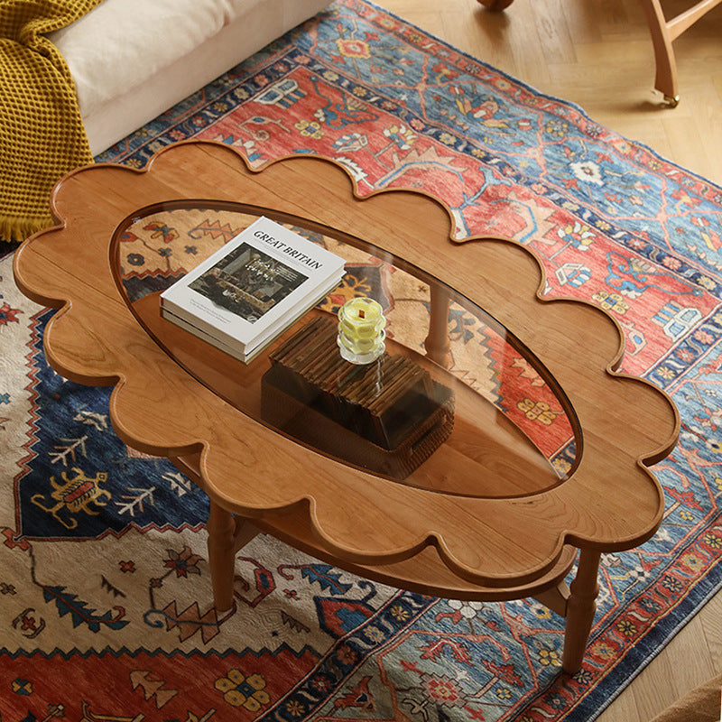Traditional Vintage Floral-Shaped Solid Wood Glass Coffee Table 2-Tier For Living Room