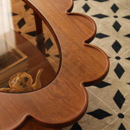 Traditional Vintage Floral-Shaped Solid Wood Glass Coffee Table 2-Tier For Living Room