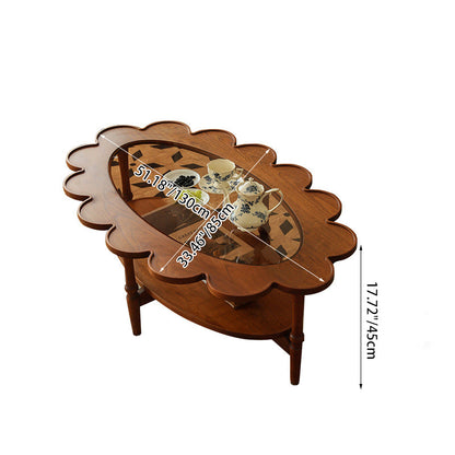 Traditional Vintage Floral-Shaped Solid Wood Glass Coffee Table 2-Tier For Living Room