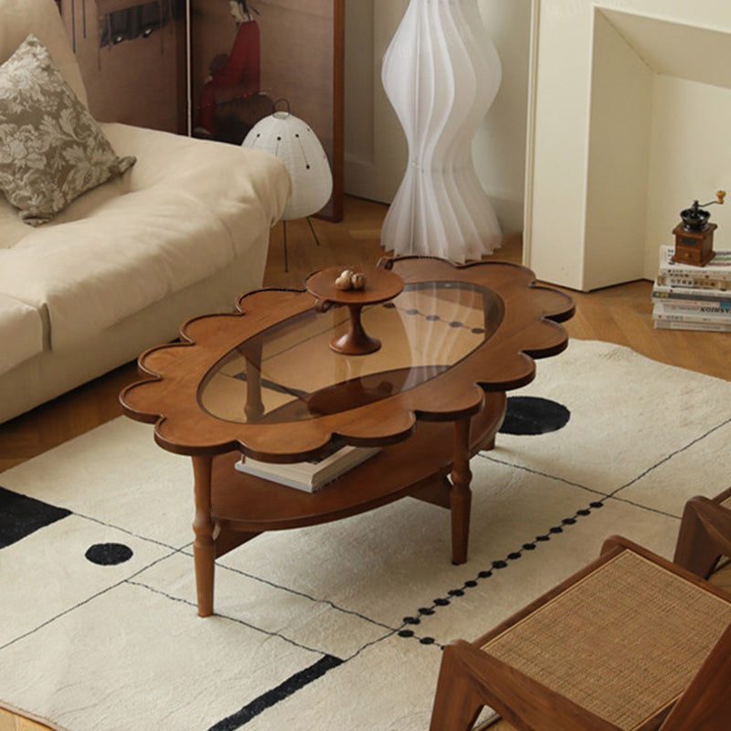 Traditional Vintage Floral-Shaped Solid Wood Glass Coffee Table 2-Tier For Living Room