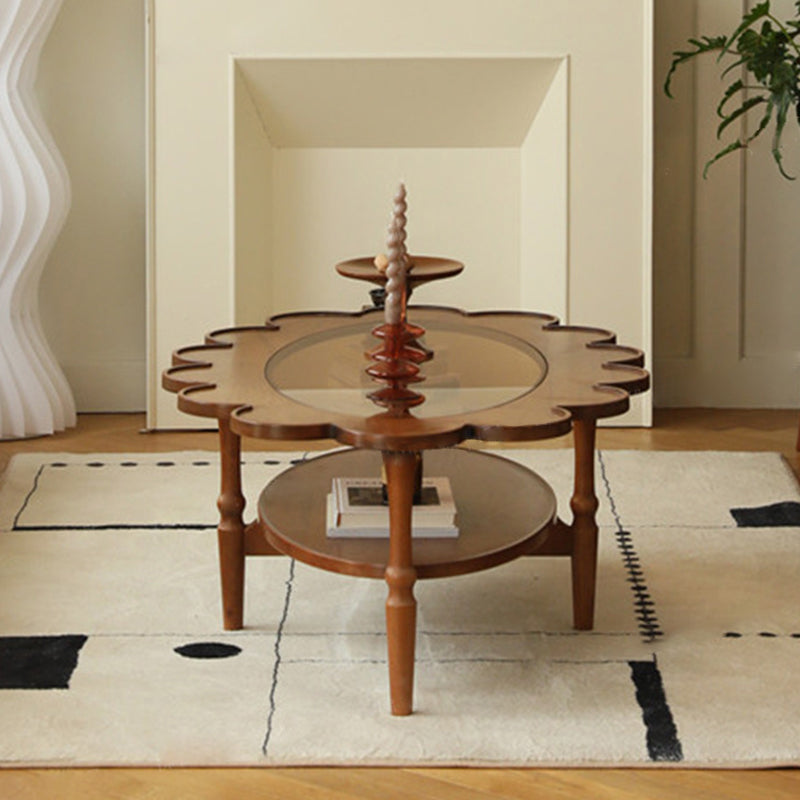 Traditional Vintage Floral-Shaped Solid Wood Glass Coffee Table 2-Tier For Living Room