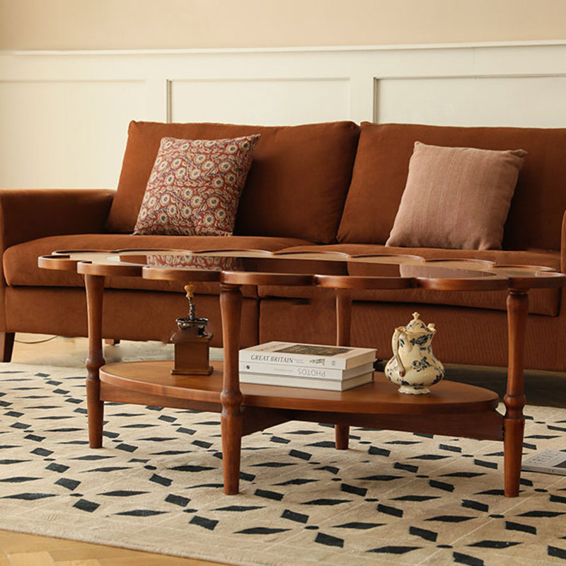 Traditional Vintage Floral-Shaped Solid Wood Glass Coffee Table 2-Tier For Living Room