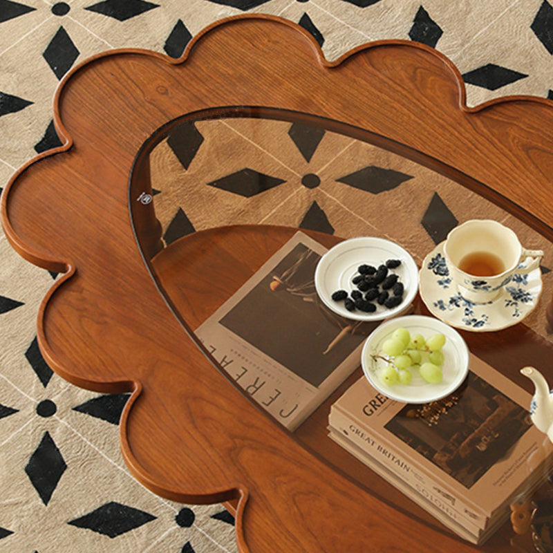 Traditional Vintage Floral-Shaped Solid Wood Glass Coffee Table 2-Tier For Living Room